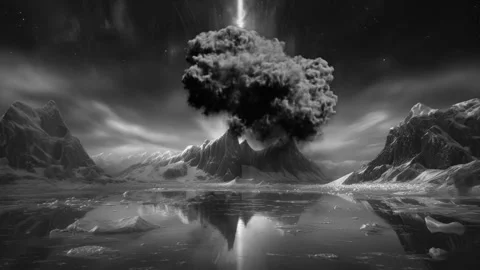 Lightning strike erupting dark smoke cloud over frozen mountain landscape Stock-Footage 346129206