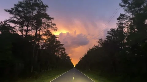 Lightning Strike Over Forest Road At Sunset, Storm Clouds Stock Footage 342763905