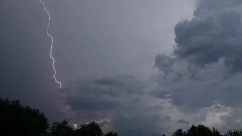 Lightning strike over trees among stormy gray fluffy clouds in bad weather Stock Footage 237608187