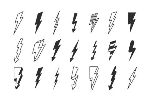 Lightning strike set. Flashes powerful in dark thunderstorm with dangerous Stock Illustration