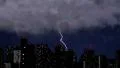 Lightning strikes above skyscrapers, dramatic thunder clashes during rainstorm 4k or 4k+ Resolution