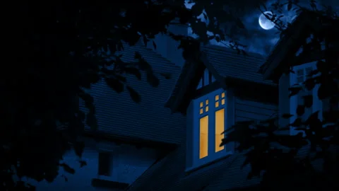 Lightning Strikes And Full Moon Above Bedroom Window With Light On Vídeo Stock 219972492