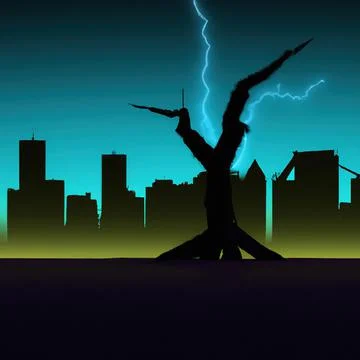 Lightning strikes the black silhouette of a tree. In the background are the s Stock Illustration