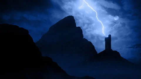 Lightning Strikes Castle At Night Fantasy Scene Stock Footage 320074786