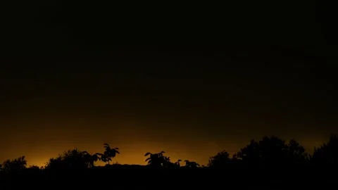 Lightning strikes during orange sunset with trees silhouette. Thunder weather Stock Footage 235609854
