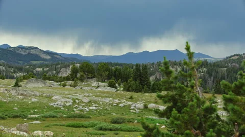 Lightning strikes during a summer thunderstorm in the Bearthooth Mountains, MT Vidéo 265892460