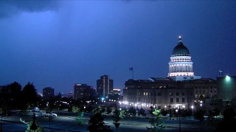 Lightning strikes at night over Utah state capitol, Salt Lake City, UT. Stock Footage 99404959