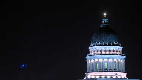 Lightning strikes at night over Utah capitol rotunda building. Stock Footage 99405044