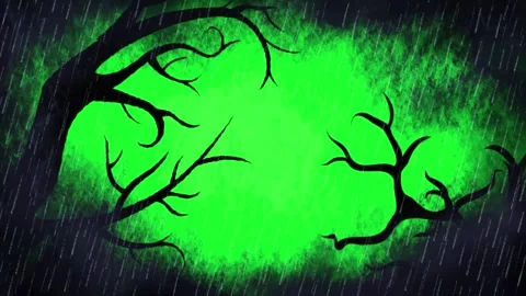 Lightning strikes over silhouetted bare trees during a heavy rainstorm in Stock Footage 345138151