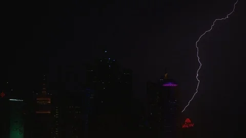 Lightning strikes skyscrapers at night Stock Footage 111196839