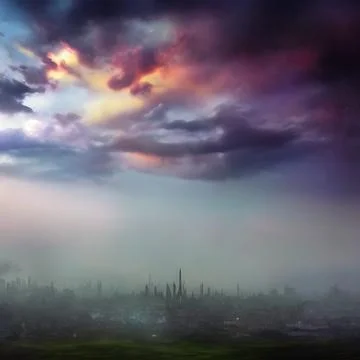 Lightning strikes a tower ina devastated war zone city dark mythical scene .. Stock Illustration