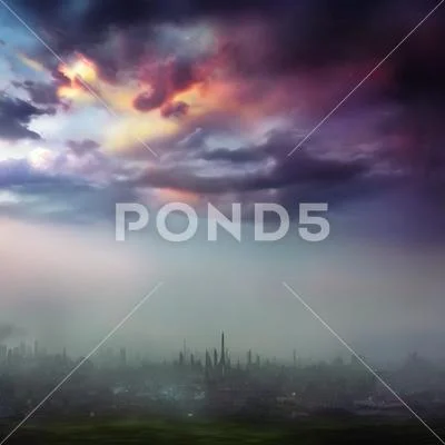 Lightning strikes a tower ina devastated war zone city dark mythical scene ..