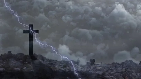 Lightning striking near cross with animation of stormy clouds in rocky landscape 스톡 동영상 303457285