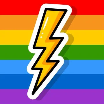 Lightning on a striped multi-colored background. Cartoon sticker. LGBT Pride Stock Illustration