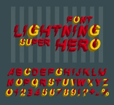 Lightning Super hero font. 3D alphabet letters and numbers in a comics style. 스톡 일러스트