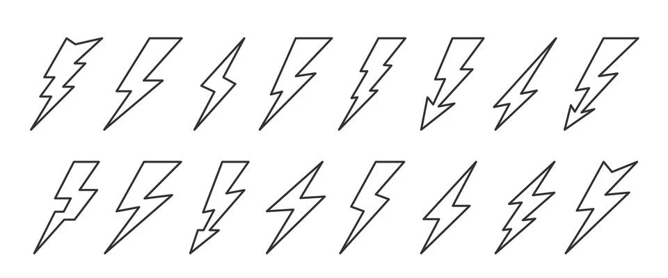 Lightning thunder bolt power charge line icon set Stock Illustration