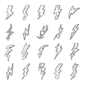 Lightning thunder strike set in outline line art Stock Illustration