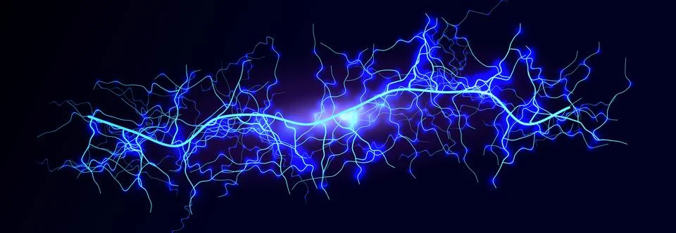 Lightning Thunderbolt Strike Black Night Background, Blue Glow Light Effect Stock Illustration