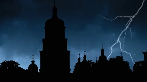Lightning thunderstorm flash over Dark Silhouette of Saint Sophia Cathedral Stock Footage 171236729