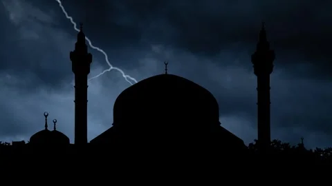 Lightning thunderstorm flash over King Abdullah Mosque in Amman, Jordan Stock Footage 260484362