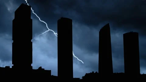 Lightning Thunderstorm flash over Modern High Buildings in Madrid Stock Footage 160109032