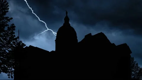 Lightning thunderstorm flash Over Silhouette of Georgia State Capitol, Atlanta Stock Footage 152935776