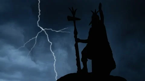 Lightning thunderstorm flash over the statue of Inca Pachacutec in Cusco, Peru Stock Footage 170126234