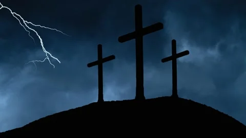 Lightning Thunderstorm Flash over Three crosses on top af hill in Silhouette Stock Footage 209770356