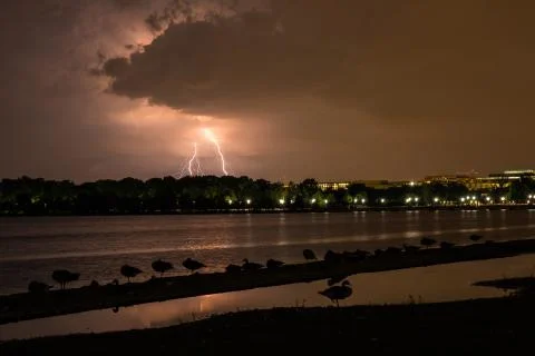 Lightning at the tidal basin in Washington DC at night Stock Photos