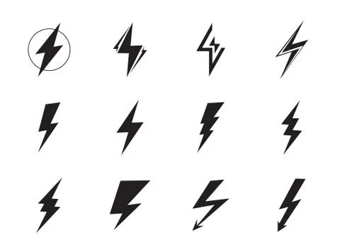 Lightning vector set. Voltage, electricity and power signs or thunder Stock Illustration