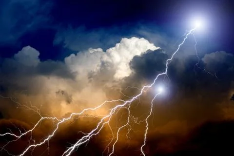 Lightnings in sunset sky Stock Illustration