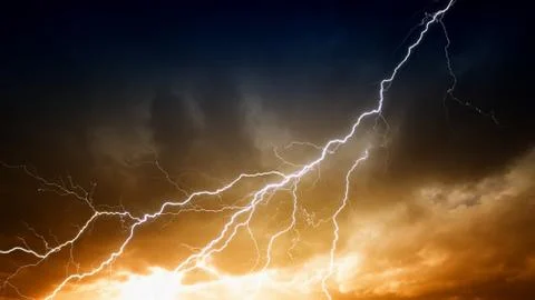 Lightnings in sunset sky Stock-Fotos