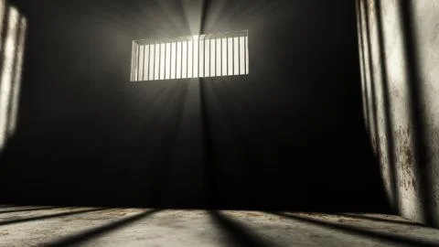 Lightrays Shine through Rails in Demolished Solitary Confinement Prison Cell Stock Illustration