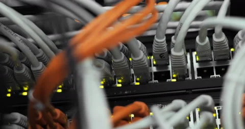 Lights and connections on network server. loaded network media converters and Stock Footage 92328470
