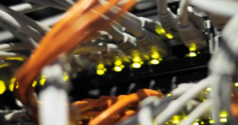 Lights and connections on network server. loaded network media converters and Stock Footage 92331415
