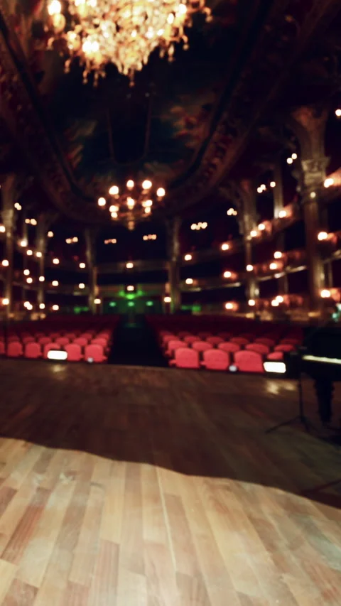 Lights and empty seats fill the grand theater during a show rehearsal Stock Footage 339508224
