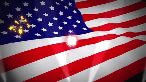 Lights and fireworks exploding over waving american flag against black Video stock 330468332