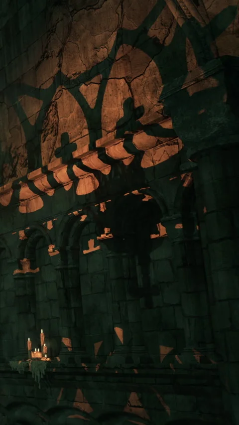 Lights and shadows play on ancient stone architecture during evening Stock Footage 338390164
