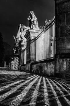 Lights and shadows on the stone square in front of Prague Castle. Stock Photos