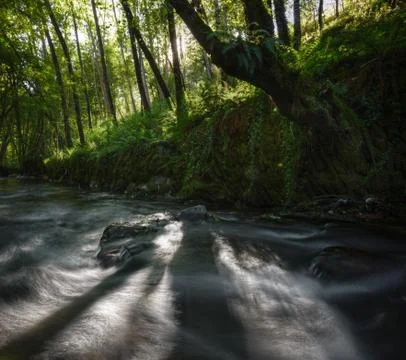 Lights and shadows on a stream between ancient stone walls Stock Photos