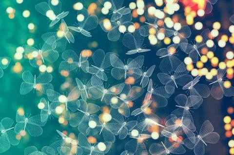Lights background and flock of abstract mesh moth butterflies Stock Illustration
