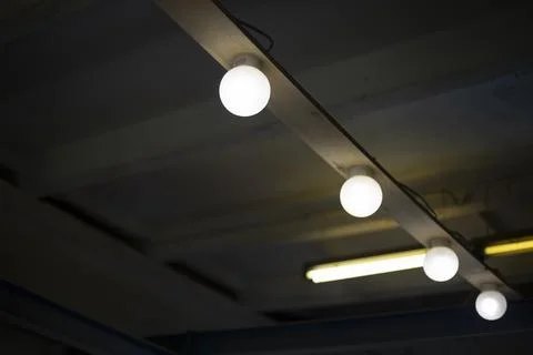 Lights on ceiling. Light in room. Round lamps. Foto stock