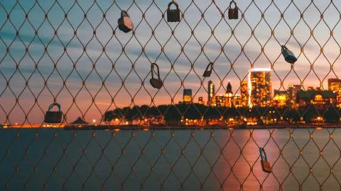 Lights of a city with Riverfront Foto stock