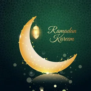 Lights Effect Golden Crescent Moon with Hanging Lit Lantern on Green Islami.. Stock Illustration