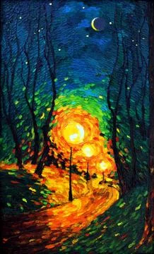Lights the evening Moon oil painting Stock Illustration
