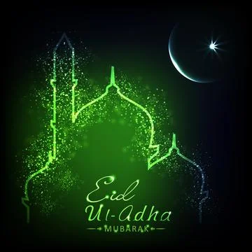 Lights Forming a Mosque with Crescent moon on Green Background for islamic .. Stock Illustration