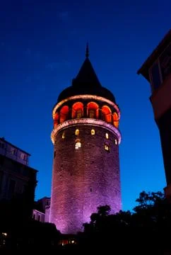 The lights from the Galata tower in the evening Stock Photos