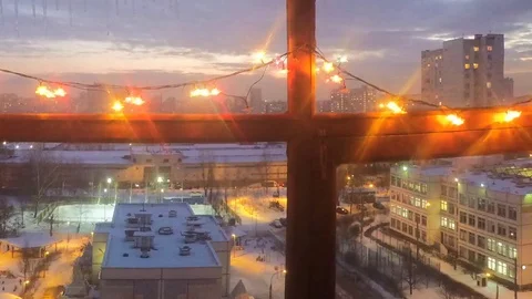 Lights In Garland On Window frame In New Year Timelapse Stock Footage 81600683