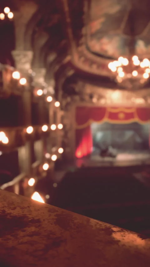 Lights glow in theater during performance as audience waits quietly Stock Footage 337943674
