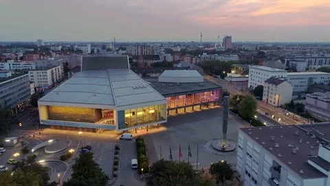 Lights inside a Beautiful Modern Building with Large Windows Видео 120560385